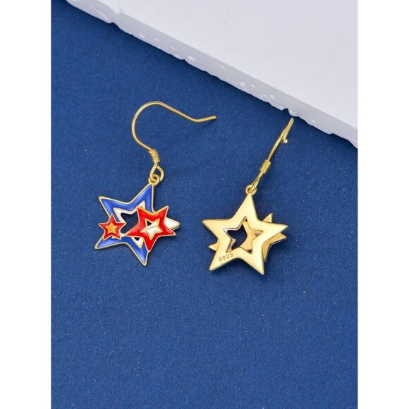 925 Sterling Silver Red White and Blue American Flag Dangle Earring for Women - Picture 3 of 6